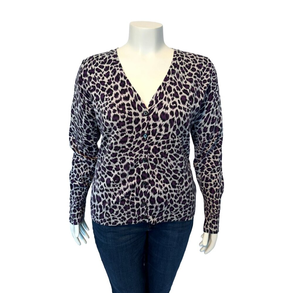 Leopard Print Purple Button-up Sweater (XL)